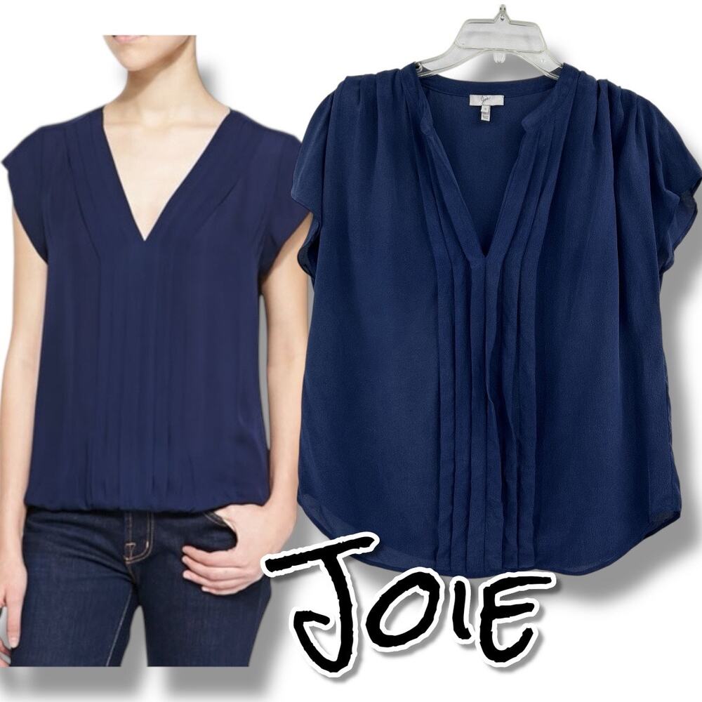 Joie Marcher 100% Silk Navy Pleated V-Neck Blouse Top Womens S Luxe Minimalist